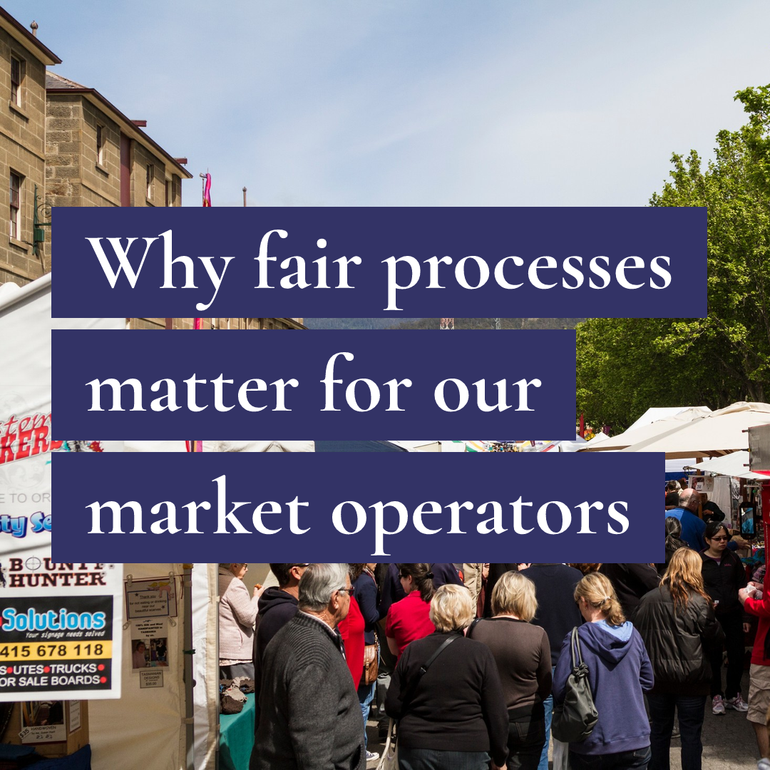 People at a busy market by sandstone buildings, with text: Why fair processes matter for our market operators.