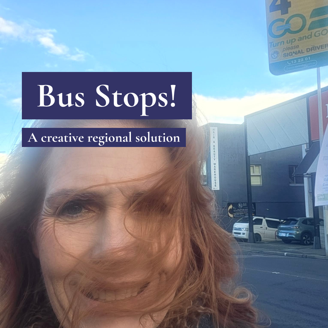 Louise with wind-blown hair near a bus stop sign, with text 'Bus Stops! A creative regional solution' overlaid.