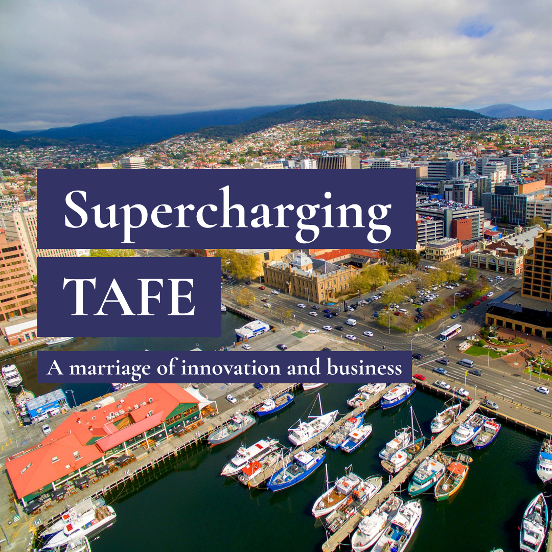 Aerial view of a harbour and city with text reading Supercharging TAFE: A marriage of innovation and business.