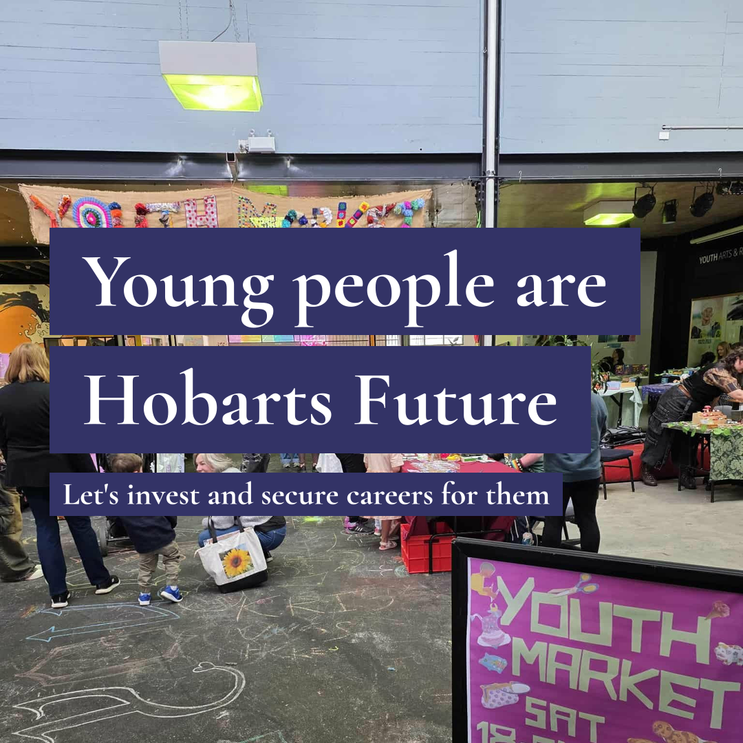People at a youth market with chalk drawings on the floor and text overlay: Young people are Hobarts Future.
